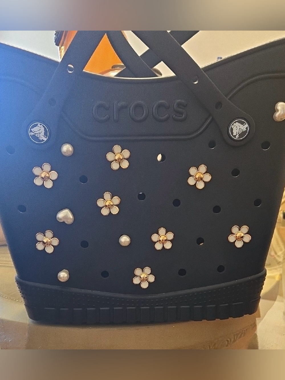 CROCS Black Mini Tote with White Floral Charms